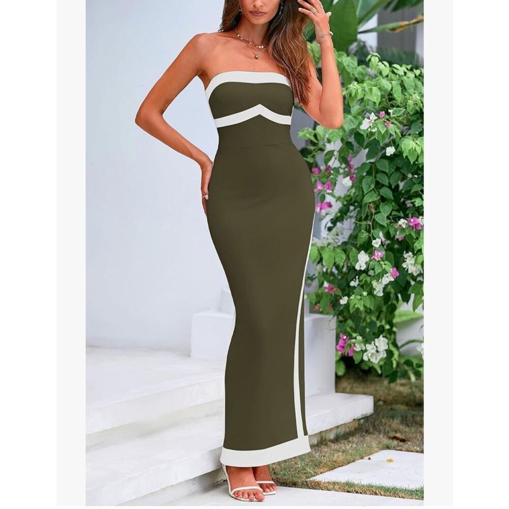 NEW Olive Green Bodycon Strapless Slit Cocktail Party Tube Maxi Dress S - Picture 7 of 7